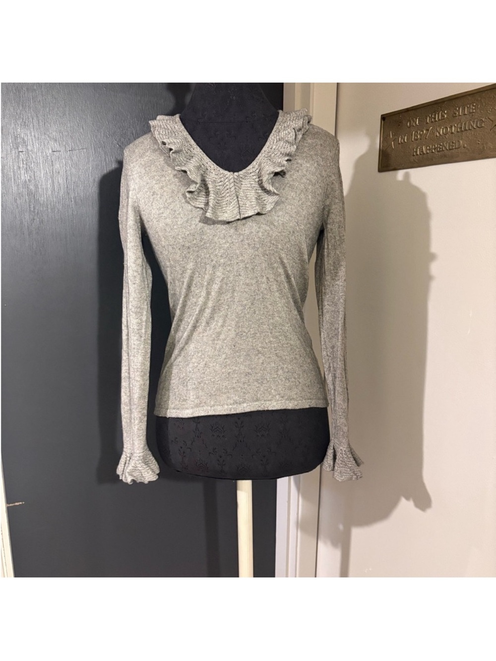 Lauren Ralph Lauren Gray V-Neck Sweater with Ruffle Trim